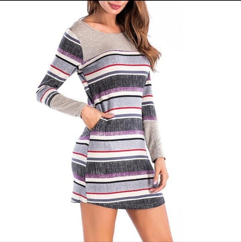 Trendy Stripe Round Neck Long Sleeve Mini Dress